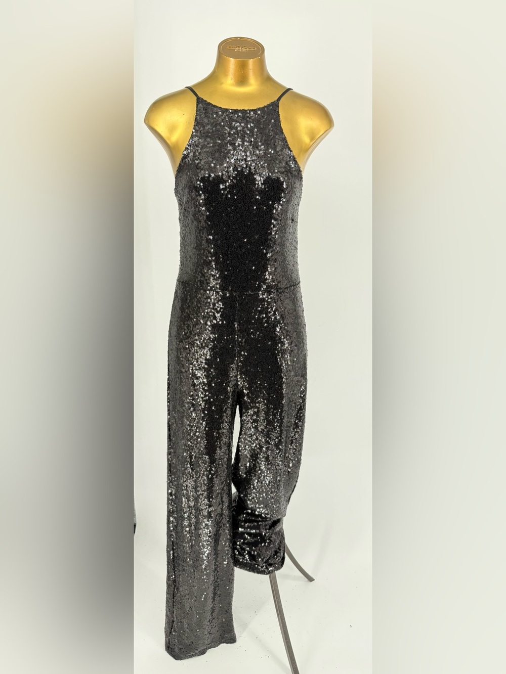Premier Amour Black Sequin Halter Open Back Jumpsuit Size 16
